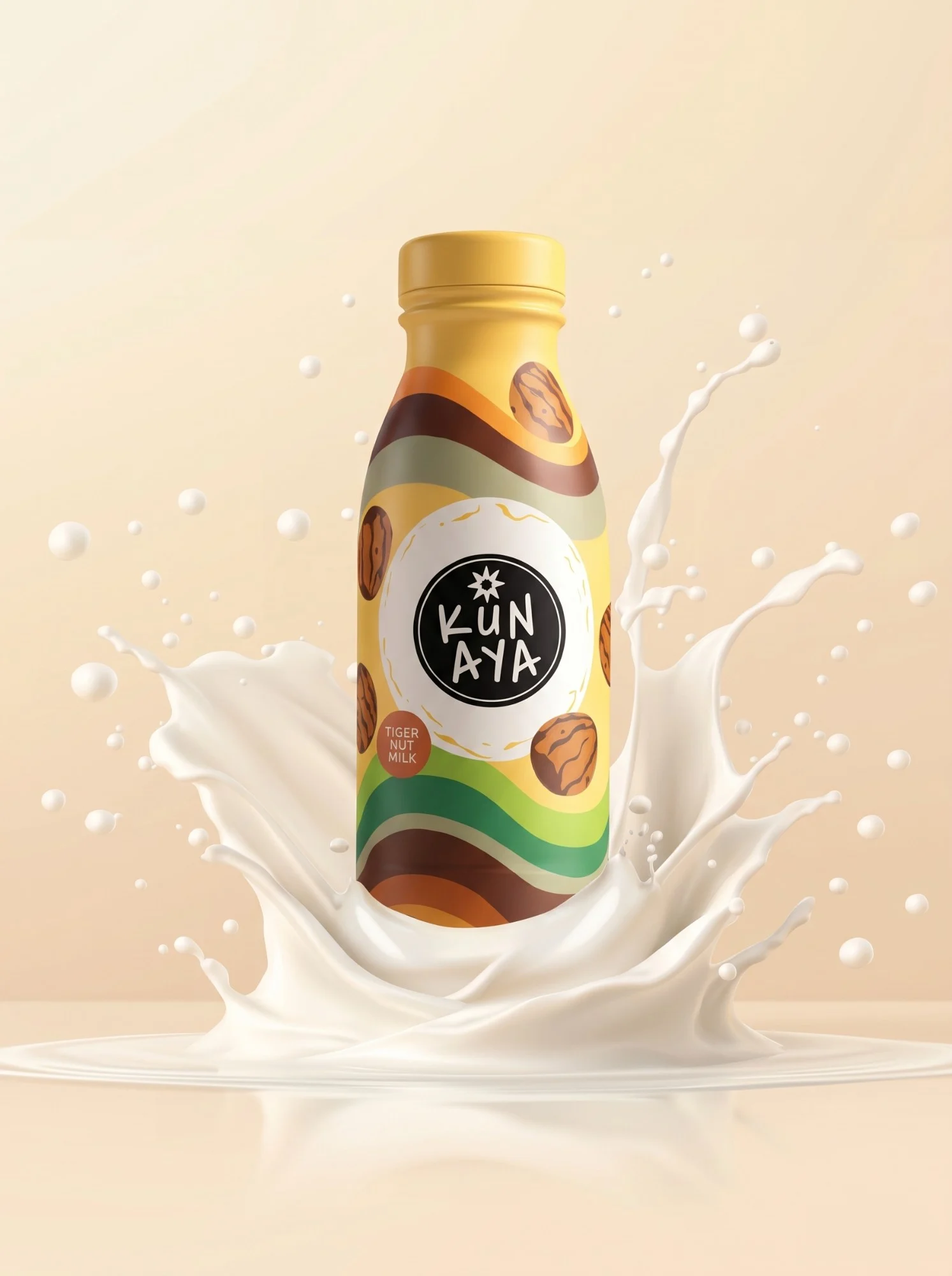 Kunaya Tiger Nut Milk bottle in its new packaging, surrounded by a splash of milk
